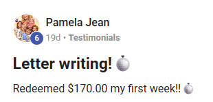 Screenshot shared by Pamela — letter writing